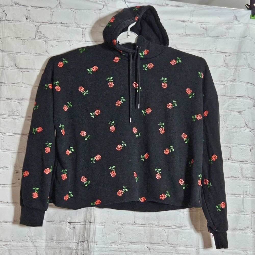 Forever 21+ Women's Rose Print Fleece Hoodie Sweatshirt Black Size 2X